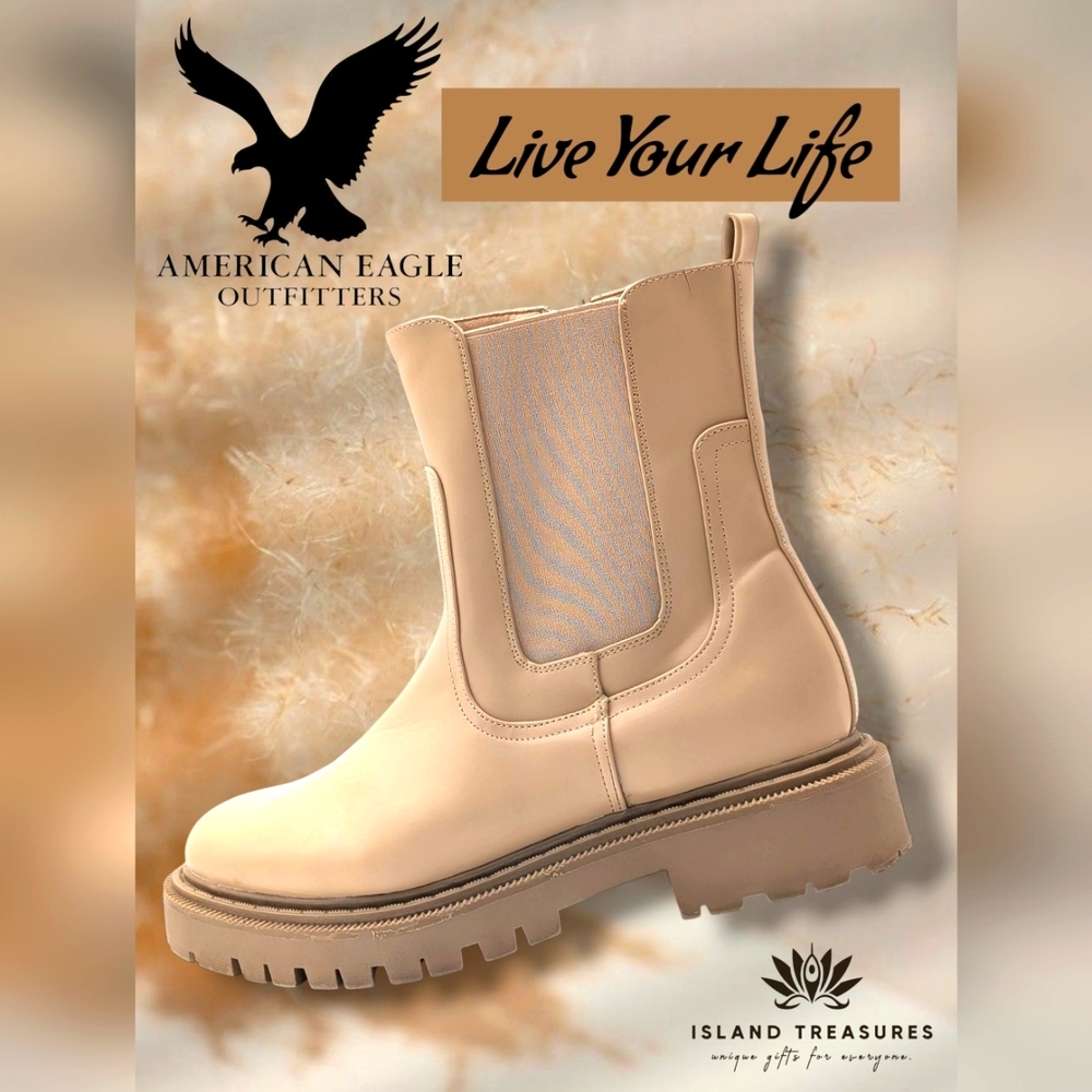 American Eagle AE Chelsea Boot Women Vegan Leather Light Brown Sz 9 Chunky Heels